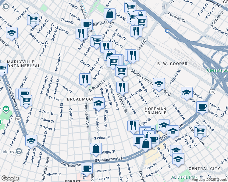 map of restaurants, bars, coffee shops, grocery stores, and more near 3833 Louisiana Avenue Parkway in New Orleans
