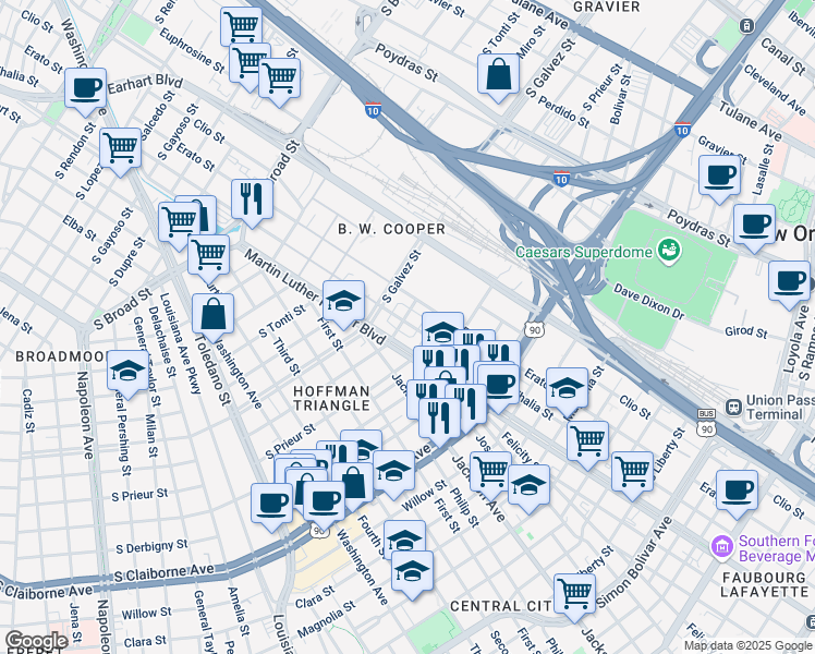 map of restaurants, bars, coffee shops, grocery stores, and more near 3320 Thalia Street in New Orleans