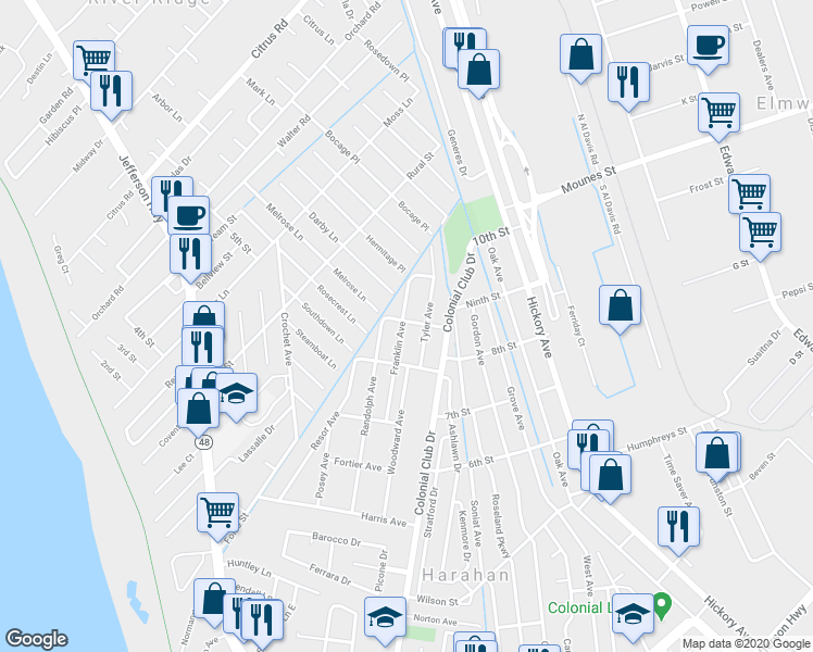 map of restaurants, bars, coffee shops, grocery stores, and more near 837 Franklin Avenue in Harahan