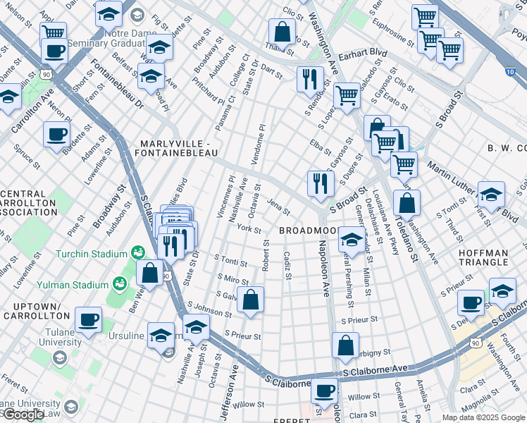map of restaurants, bars, coffee shops, grocery stores, and more near 5401 Mc Kenna Street in New Orleans