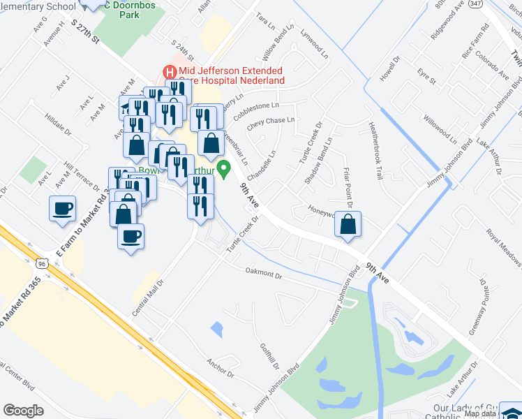 map of restaurants, bars, coffee shops, grocery stores, and more near Turtle Creek Drive in Port Arthur