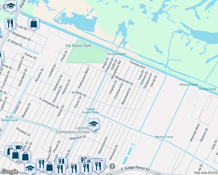 map of restaurants, bars, coffee shops, grocery stores, and more near 3701 Gallo Drive in Chalmette