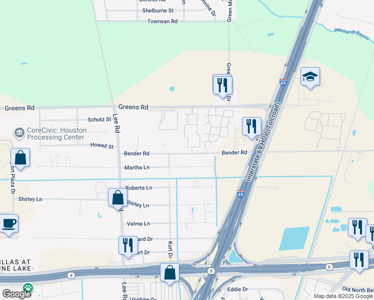 map of restaurants, bars, coffee shops, grocery stores, and more near 6060 Greens Road in Humble