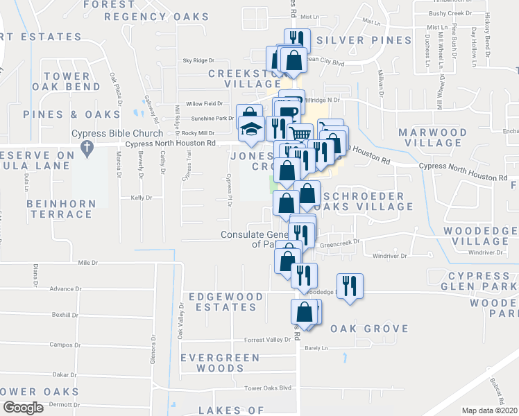 map of restaurants, bars, coffee shops, grocery stores, and more near 12023 Grace Hall Dr in Houston