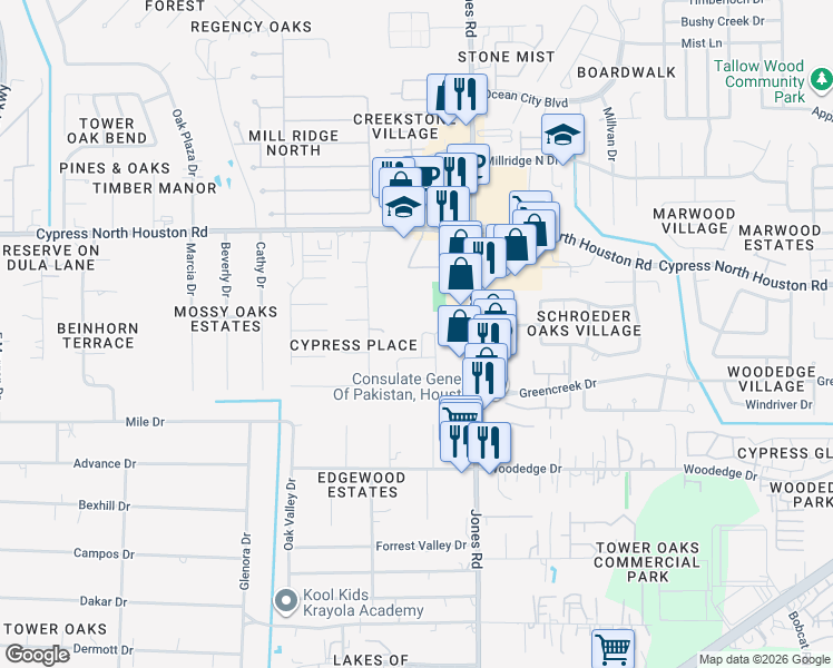 map of restaurants, bars, coffee shops, grocery stores, and more near 12023 Grace Hall Drive in Houston