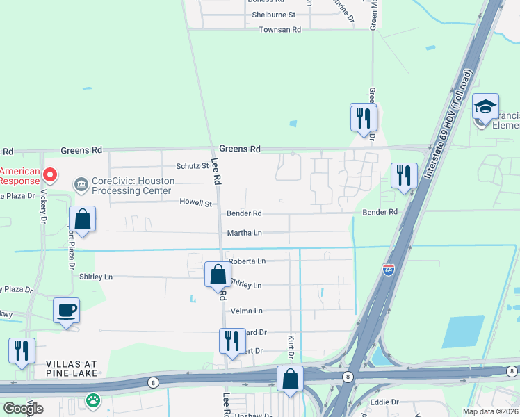map of restaurants, bars, coffee shops, grocery stores, and more near 5919 Bender Road in Humble