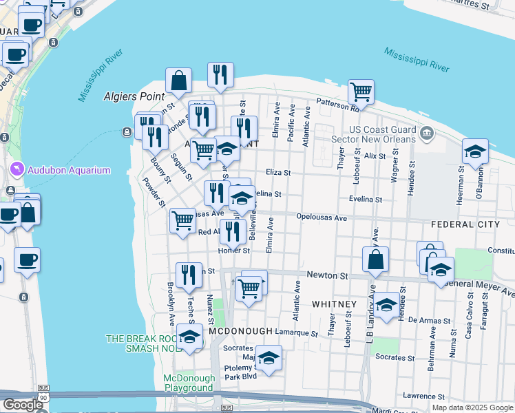 map of restaurants, bars, coffee shops, grocery stores, and more near 806 Opelousas Avenue in New Orleans