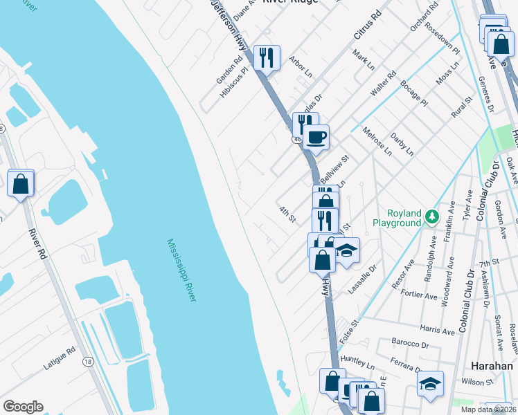 map of restaurants, bars, coffee shops, grocery stores, and more near 107 Orchard Road in River Ridge
