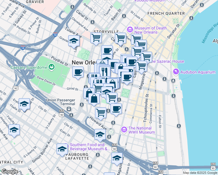 map of restaurants, bars, coffee shops, grocery stores, and more near 549 Baronne Street in New Orleans