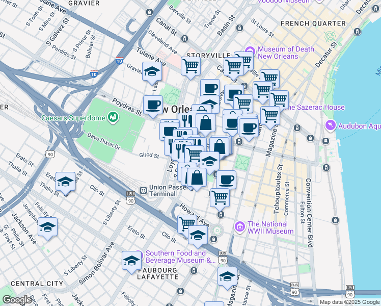map of restaurants, bars, coffee shops, grocery stores, and more near 613 O'Keefe Avenue in New Orleans