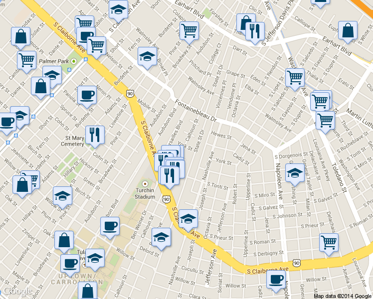 map of restaurants, bars, coffee shops, grocery stores, and more near 3326 Calhoun Street in New Orleans