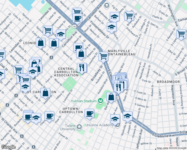 map of restaurants, bars, coffee shops, grocery stores, and more near 2005 Pine Street in New Orleans