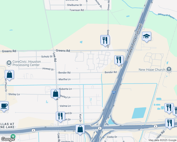 map of restaurants, bars, coffee shops, grocery stores, and more near 6060 Greens Road in Humble