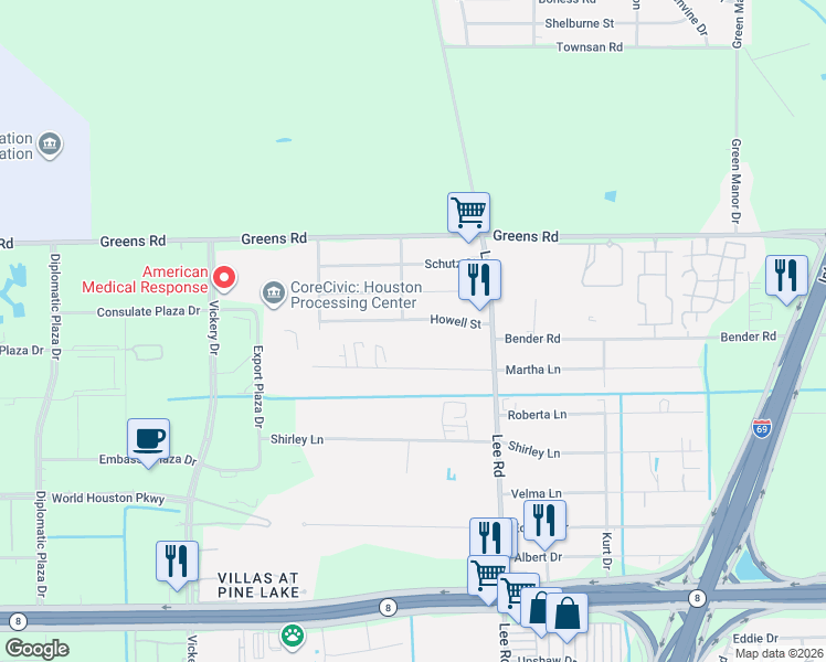 map of restaurants, bars, coffee shops, grocery stores, and more near 5706 Howell Street in Houston