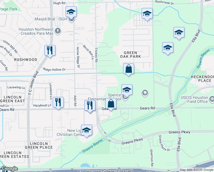 map of restaurants, bars, coffee shops, grocery stores, and more near 11514 Trickey Road in Houston