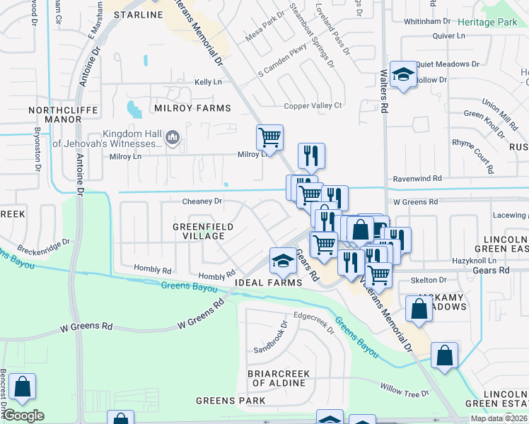 map of restaurants, bars, coffee shops, grocery stores, and more near 3210 Chalfont Drive in Houston