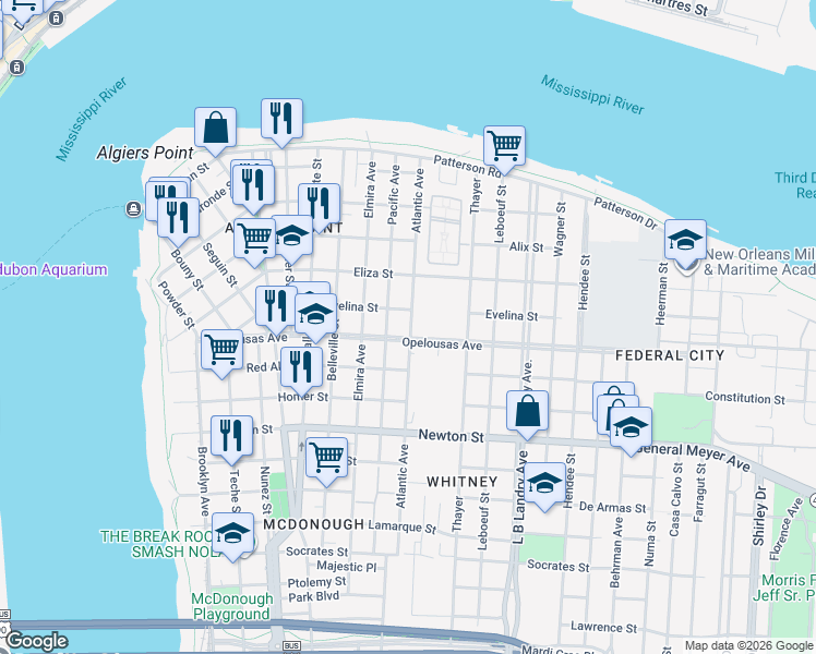 map of restaurants, bars, coffee shops, grocery stores, and more near 623 Atlantic Avenue in New Orleans