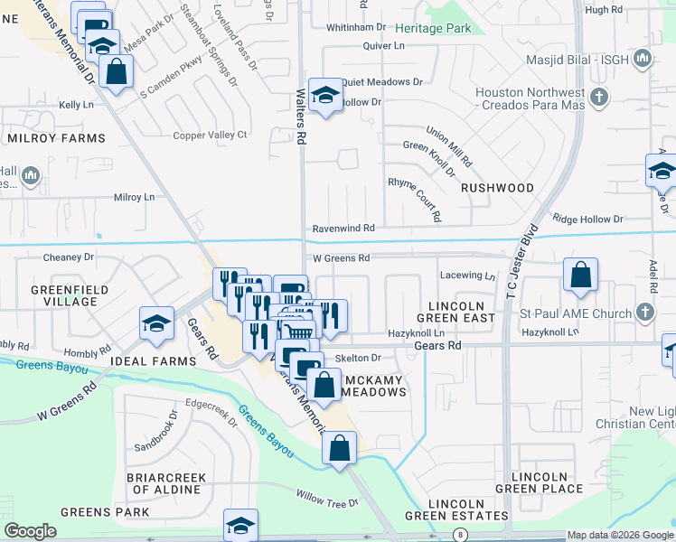map of restaurants, bars, coffee shops, grocery stores, and more near 2814 Lacewing Lane in Houston