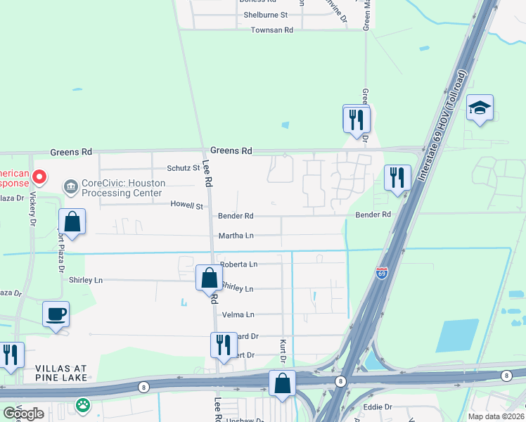 map of restaurants, bars, coffee shops, grocery stores, and more near 5919 Bender Road in Humble