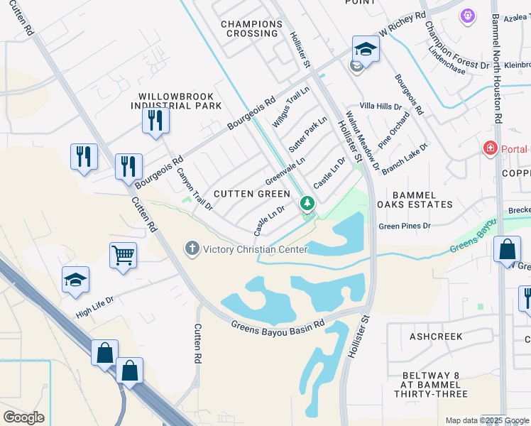 map of restaurants, bars, coffee shops, grocery stores, and more near 6614 Castle Lane Drive in Houston