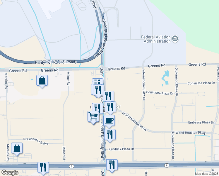 map of restaurants, bars, coffee shops, grocery stores, and more near 15840 John F Kennedy Boulevard in Houston