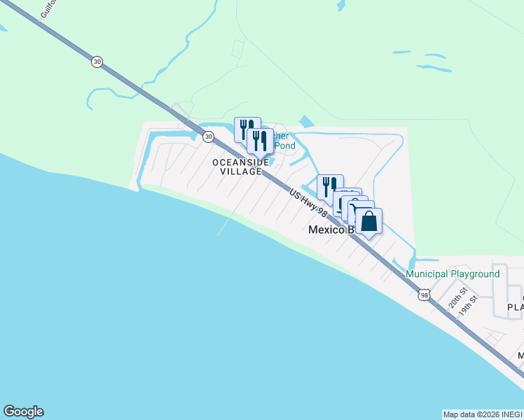 map of restaurants, bars, coffee shops, grocery stores, and more near 114 South 35th Street in Mexico Beach