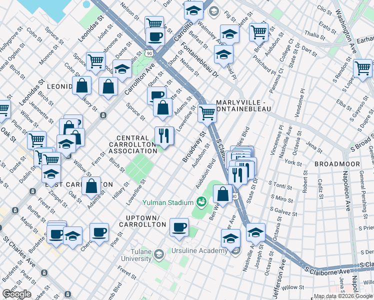 map of restaurants, bars, coffee shops, grocery stores, and more near 2005 Pine Street in New Orleans