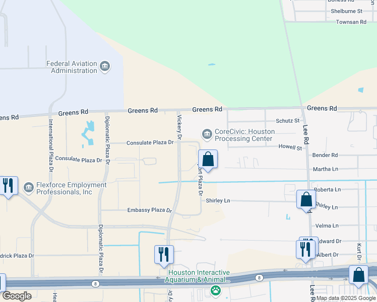 map of restaurants, bars, coffee shops, grocery stores, and more near 15850 Vickery Drive in Houston
