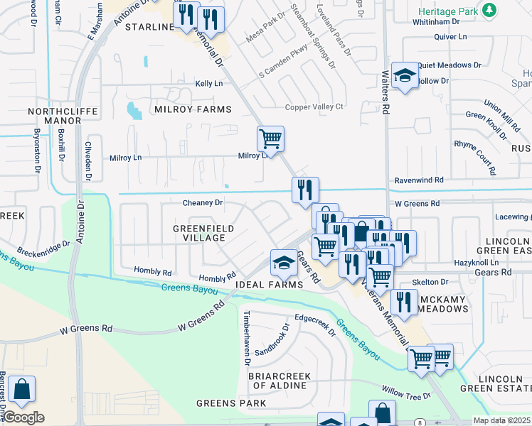 map of restaurants, bars, coffee shops, grocery stores, and more near 3210 Chalfont Dr in Houston