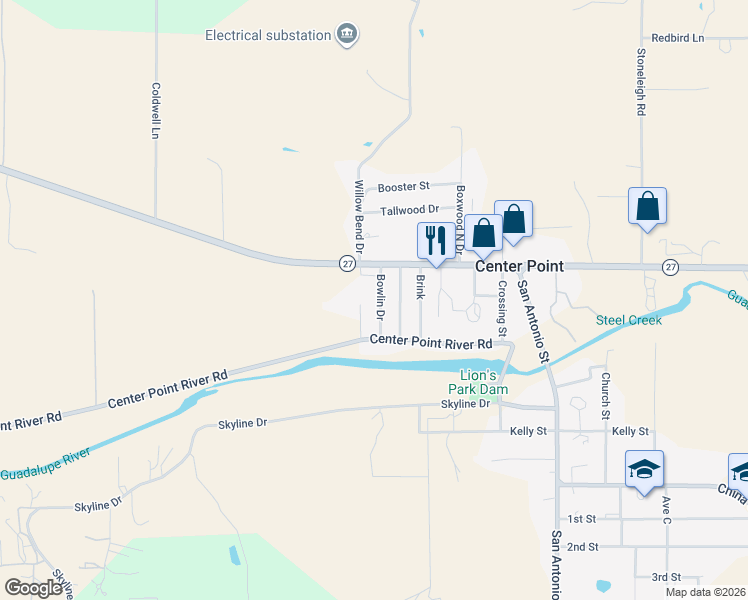 map of restaurants, bars, coffee shops, grocery stores, and more near 121 Bowlin Drive in Center Point