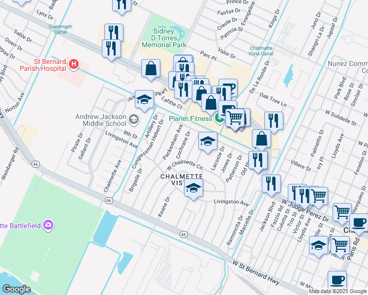 map of restaurants, bars, coffee shops, grocery stores, and more near 69 Cochrane Drive in Chalmette