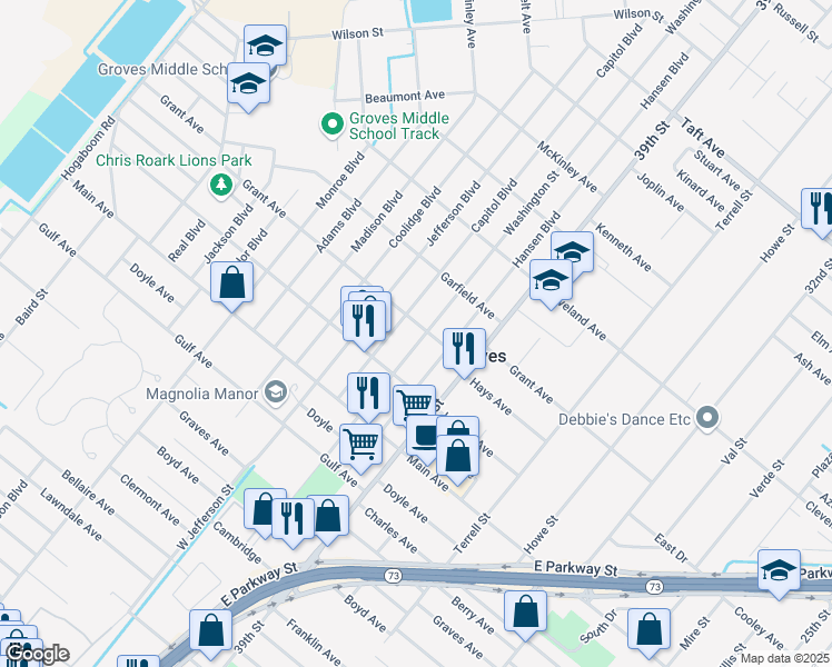 map of restaurants, bars, coffee shops, grocery stores, and more near 6275 Washington St in Groves