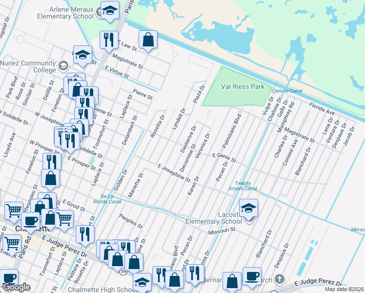 map of restaurants, bars, coffee shops, grocery stores, and more near 904 East Genie Street in Chalmette