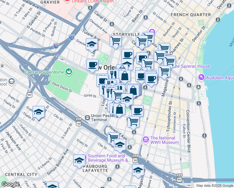 map of restaurants, bars, coffee shops, grocery stores, and more near 606 O'Keefe Avenue in New Orleans