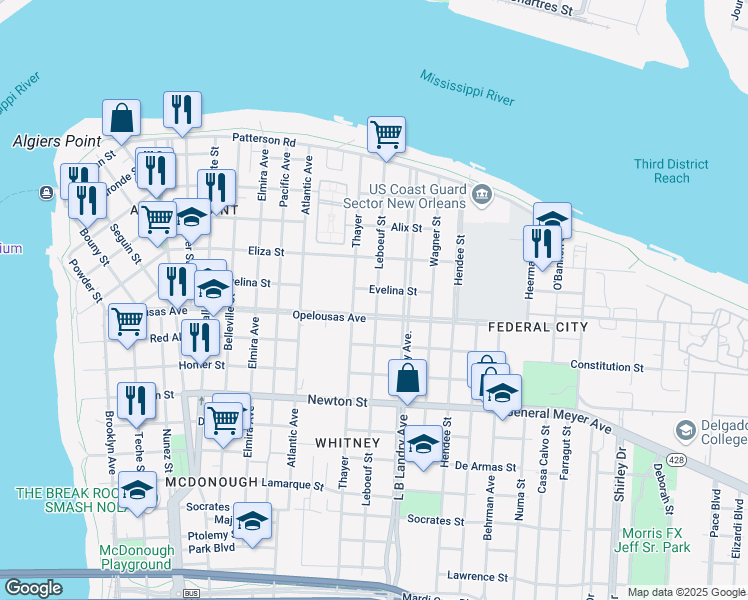 map of restaurants, bars, coffee shops, grocery stores, and more near 611 Leboeuf Street in New Orleans