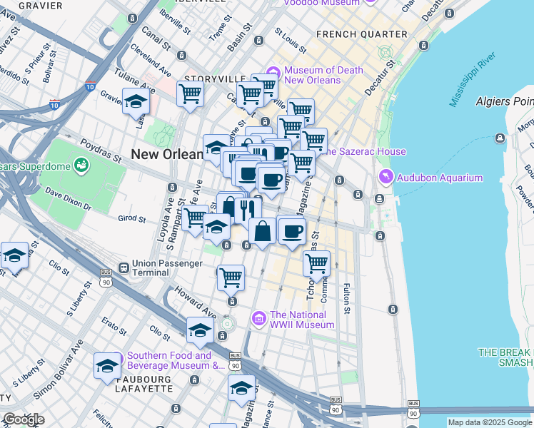 map of restaurants, bars, coffee shops, grocery stores, and more near 650 Poydras Street in New Orleans