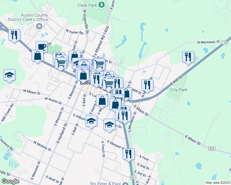 map of restaurants, bars, coffee shops, grocery stores, and more near 428 Texas 36 in Bellville