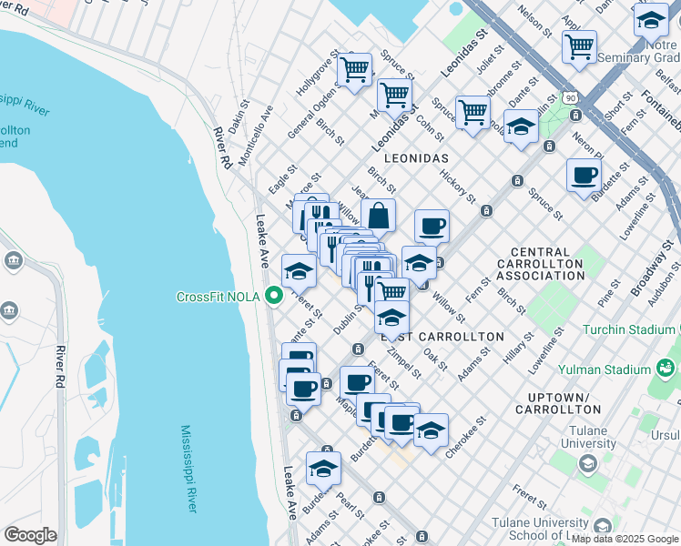map of restaurants, bars, coffee shops, grocery stores, and more near 8318 Oak Street in New Orleans