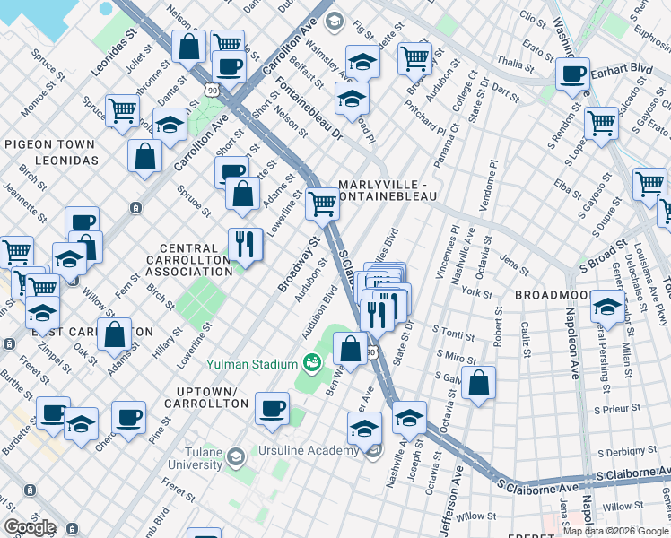 map of restaurants, bars, coffee shops, grocery stores, and more near 248 Audubon Boulevard in New Orleans
