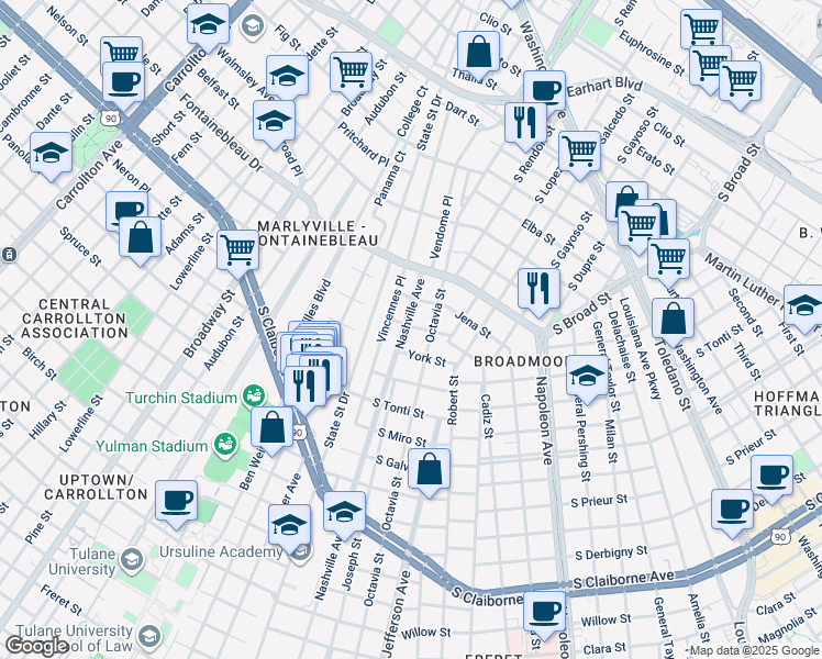 map of restaurants, bars, coffee shops, grocery stores, and more near 3639 Nashville Avenue in New Orleans