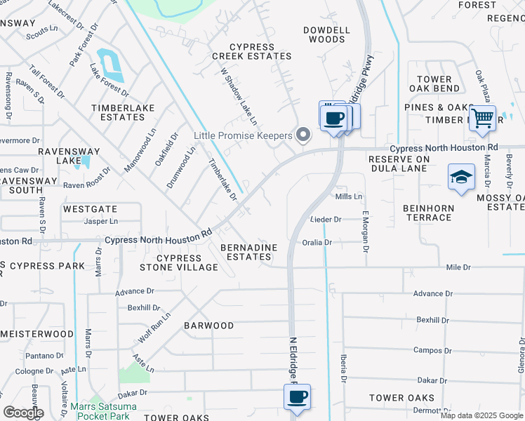 map of restaurants, bars, coffee shops, grocery stores, and more near 12539 Cypress North Houston Road in Cypress