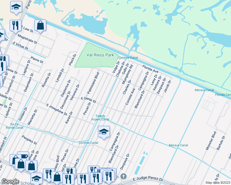 map of restaurants, bars, coffee shops, grocery stores, and more near 3701 Gallo Drive in Chalmette