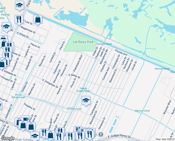 map of restaurants, bars, coffee shops, grocery stores, and more near 3621 Volpe Drive in Chalmette