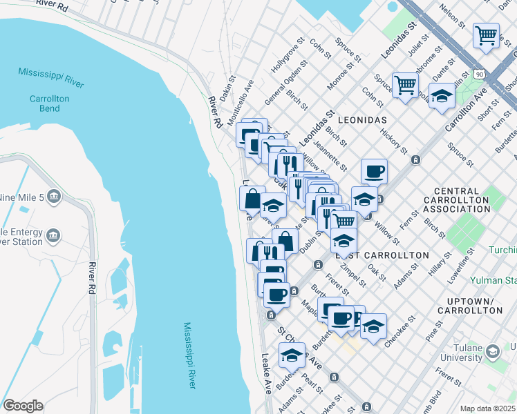 map of restaurants, bars, coffee shops, grocery stores, and more near 8515 Freret Street in New Orleans