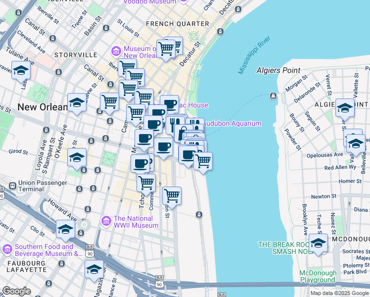 map of restaurants, bars, coffee shops, grocery stores, and more near 2 Canal Street in New Orleans