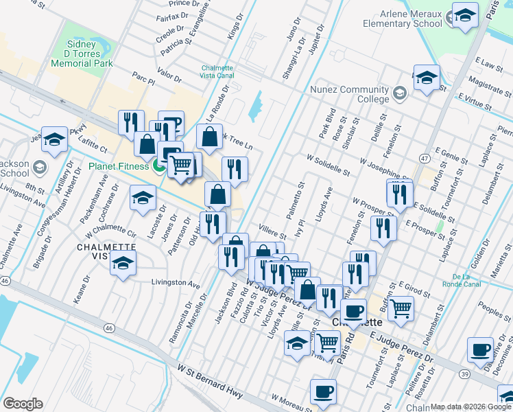 map of restaurants, bars, coffee shops, grocery stores, and more near 3000 Pakenham Drive in Chalmette