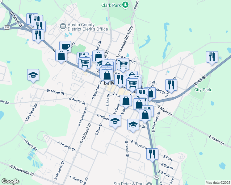 map of restaurants, bars, coffee shops, grocery stores, and more near 128 East Luhn Street in Bellville