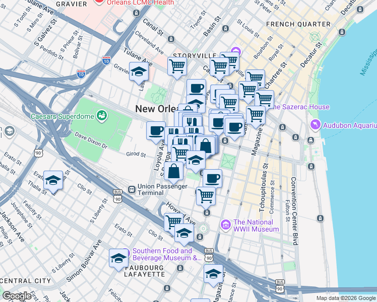 map of restaurants, bars, coffee shops, grocery stores, and more near 549 Baronne Street in New Orleans