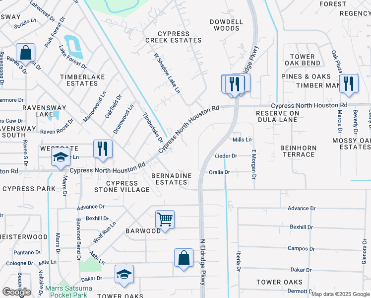 map of restaurants, bars, coffee shops, grocery stores, and more near 12515 Cypress North Houston Road in Cypress