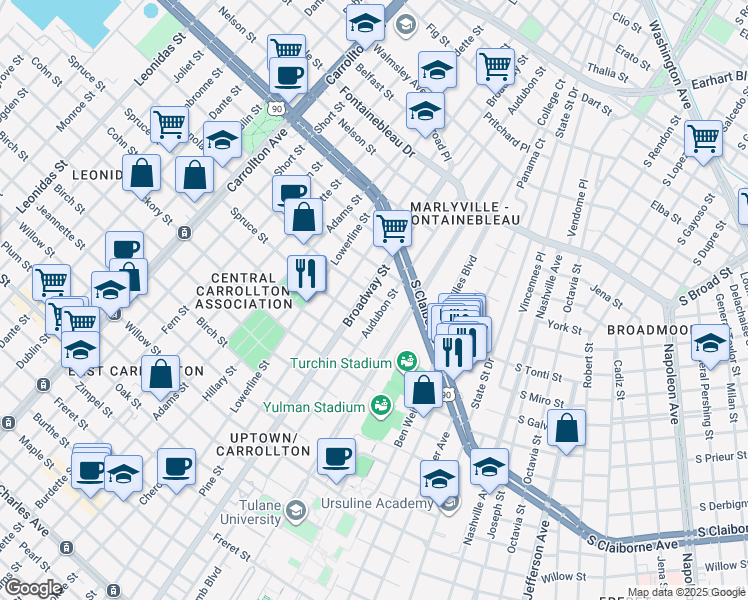 map of restaurants, bars, coffee shops, grocery stores, and more near 7120 Panola Street in New Orleans